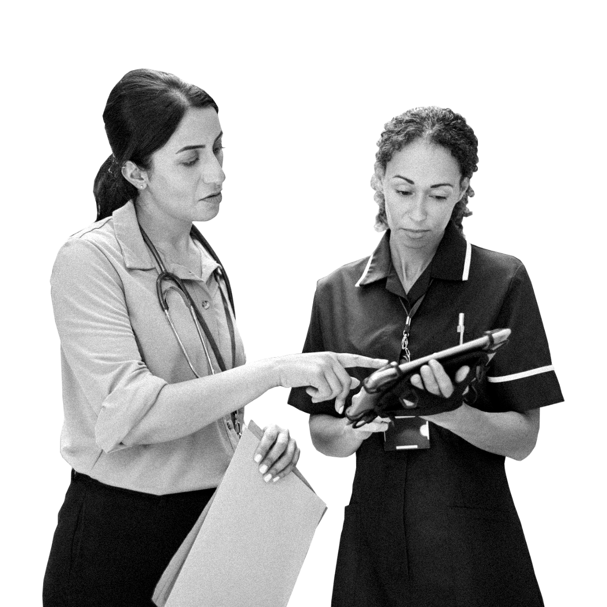 Two clinicians reviewing a patient referral together on a tablet